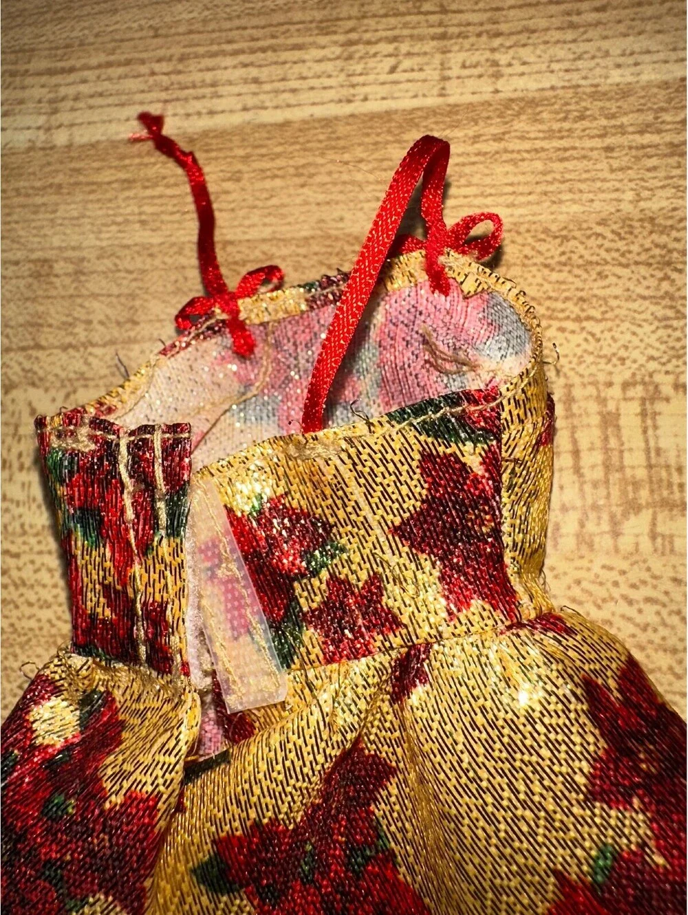 Barbie Doll Dress Gold Red Floral Poinsettia Holiday Costume Outfit Size Small